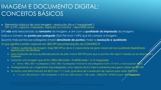 IMAGEM E DOCUMENTO DIGITAL:
CONCEITOS BÁSICOS
 Elementos básicos de uma imagem - resolução ótica (“megapixels”)
DPI vs PP...