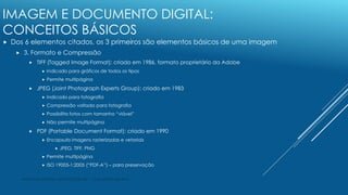 IMAGEM E DOCUMENTO DIGITAL:
CONCEITOS BÁSICOS
 Dos 6 elementos citados, os 3 primeiros são elementos básicos de uma image...