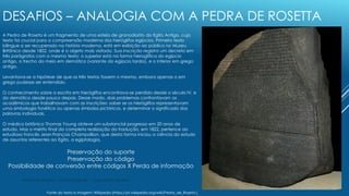 DESAFIOS – ANALOGIA COM A PEDRA DE ROSETTA
André Nito Assada - DGPJ/DT/SIBi USP - 13 de janeiro de 2016
Fonte do texto e i...