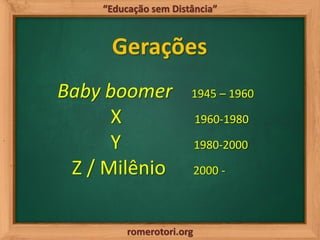 romerotori.org
“Educação sem Distância”
Gerações
Baby boomer 1945 – 1960
X 1960-1980
Y 1980-2000
Z / Milênio 2000 -
 